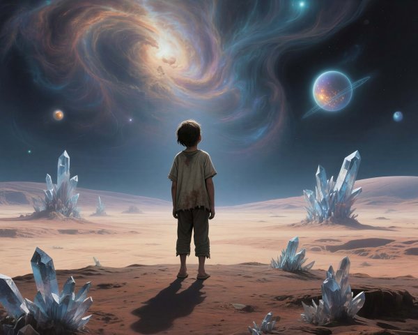 Child gazing at swirling galaxy on alien landscape