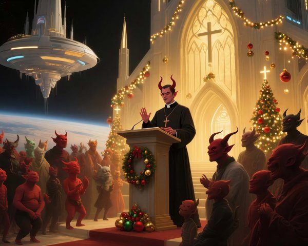 Church Scene with Red-Skinned Devils and Spaceship