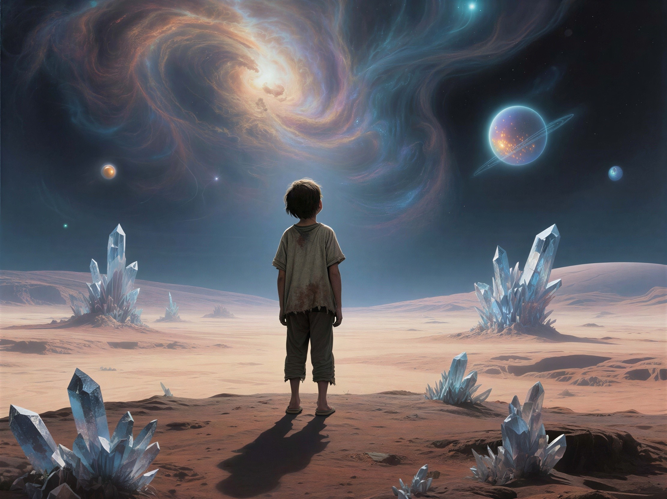 Child gazing at swirling galaxy on alien landscape