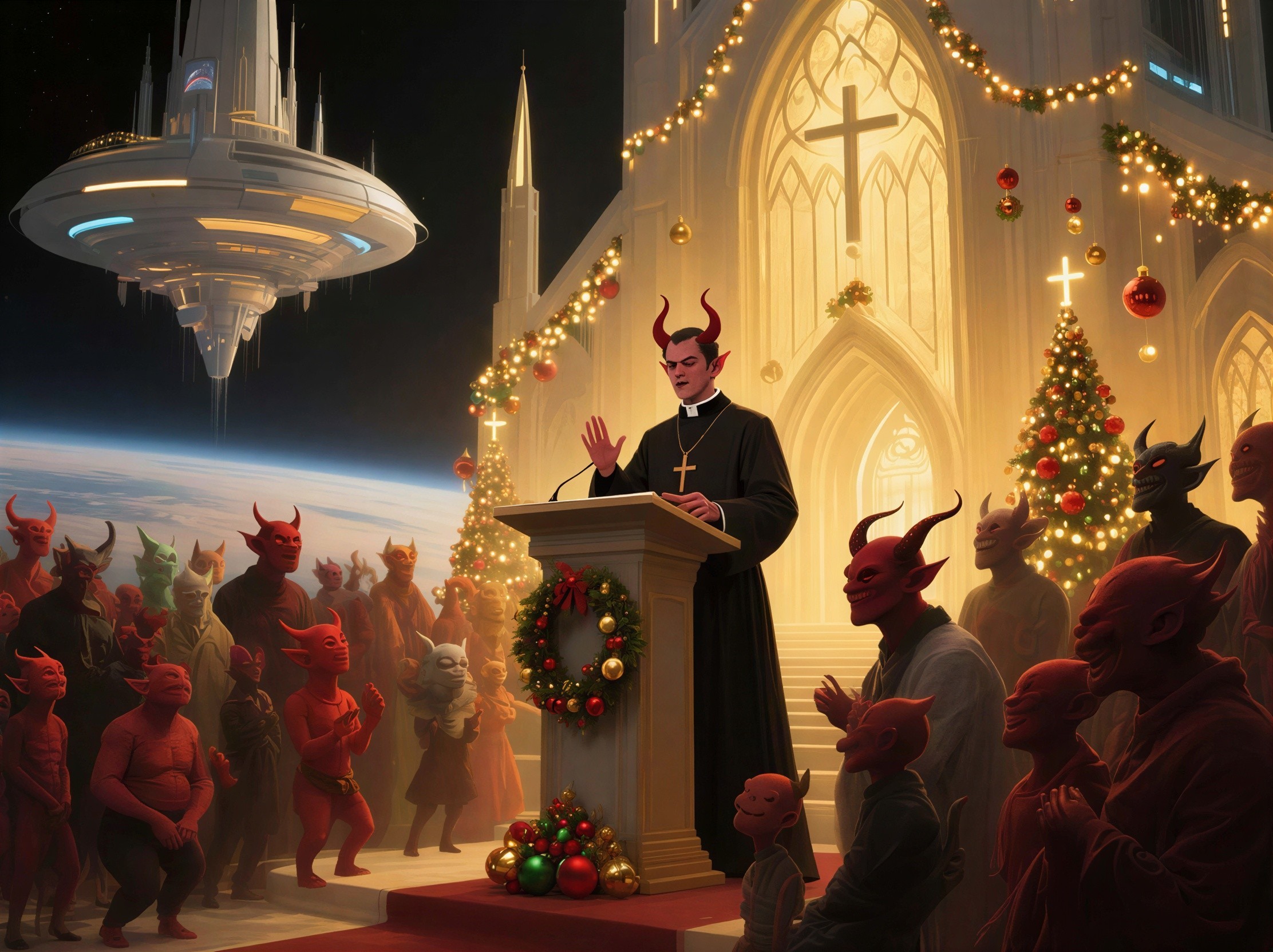 Church Scene with Red-Skinned Devils and Spaceship