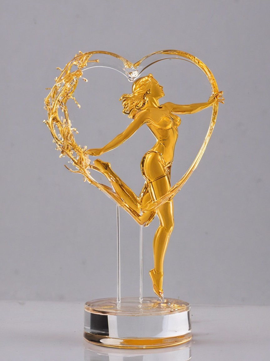 Golden Dancer Figurine in Heart-Shaped Frame Sculpture
