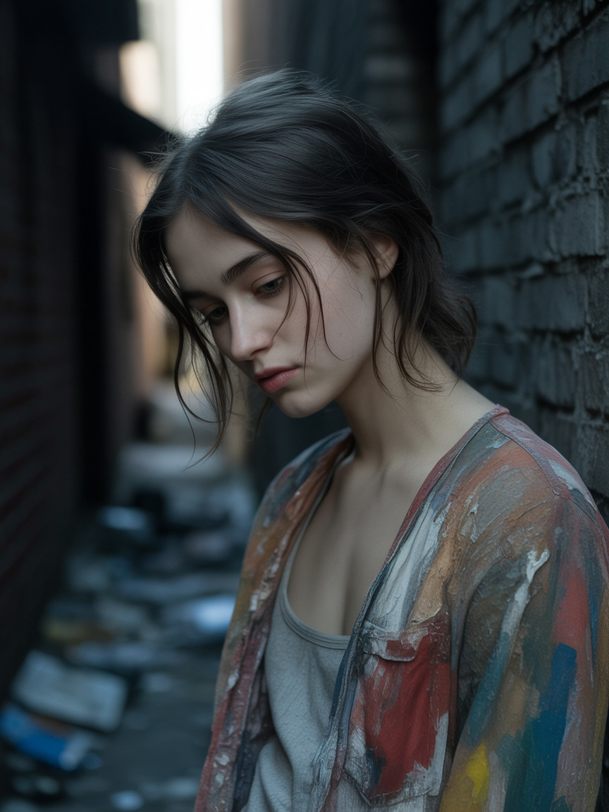 Young Woman Portrait in Colorful Jacket in Alley