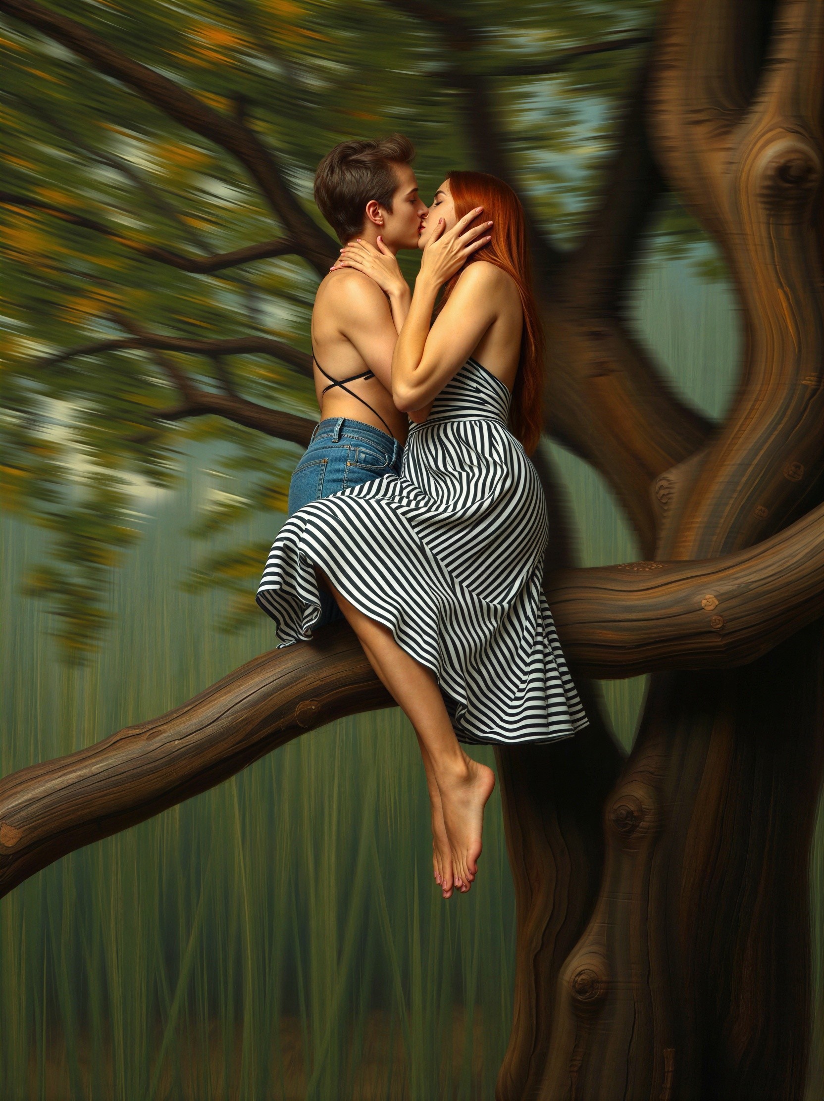 Couple Kissing on a Tree Branch Surrounded by Nature