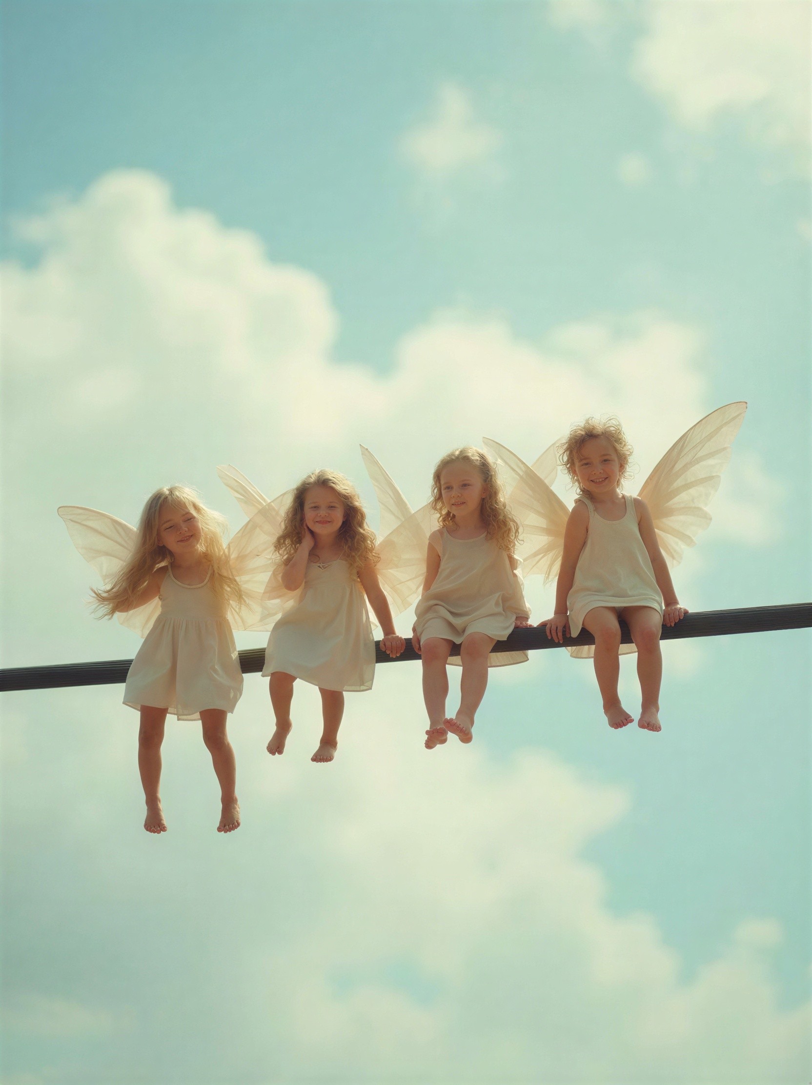 Four girls in white dresses with fairy wings against sky