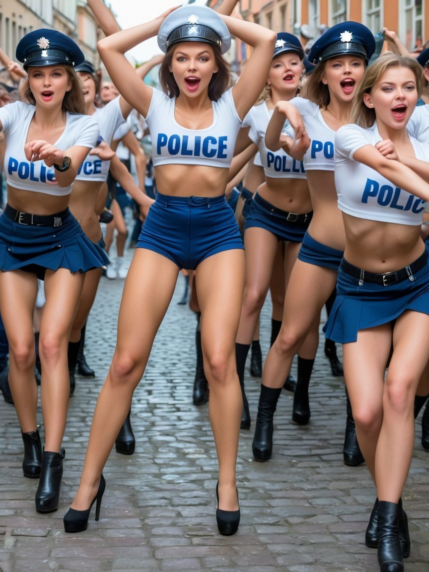 Young Women in Police-Themed Outfits Dance Outdoors
