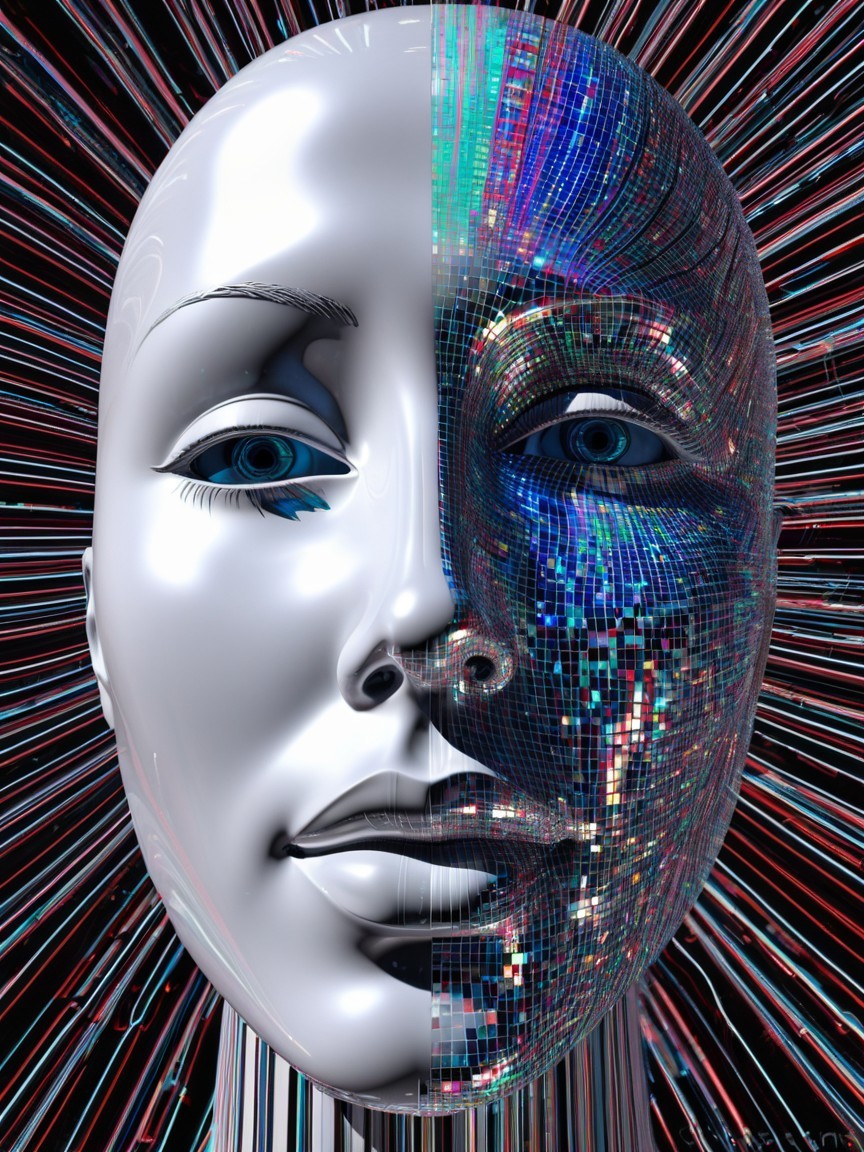 Close-up of a gender-neutral split android head