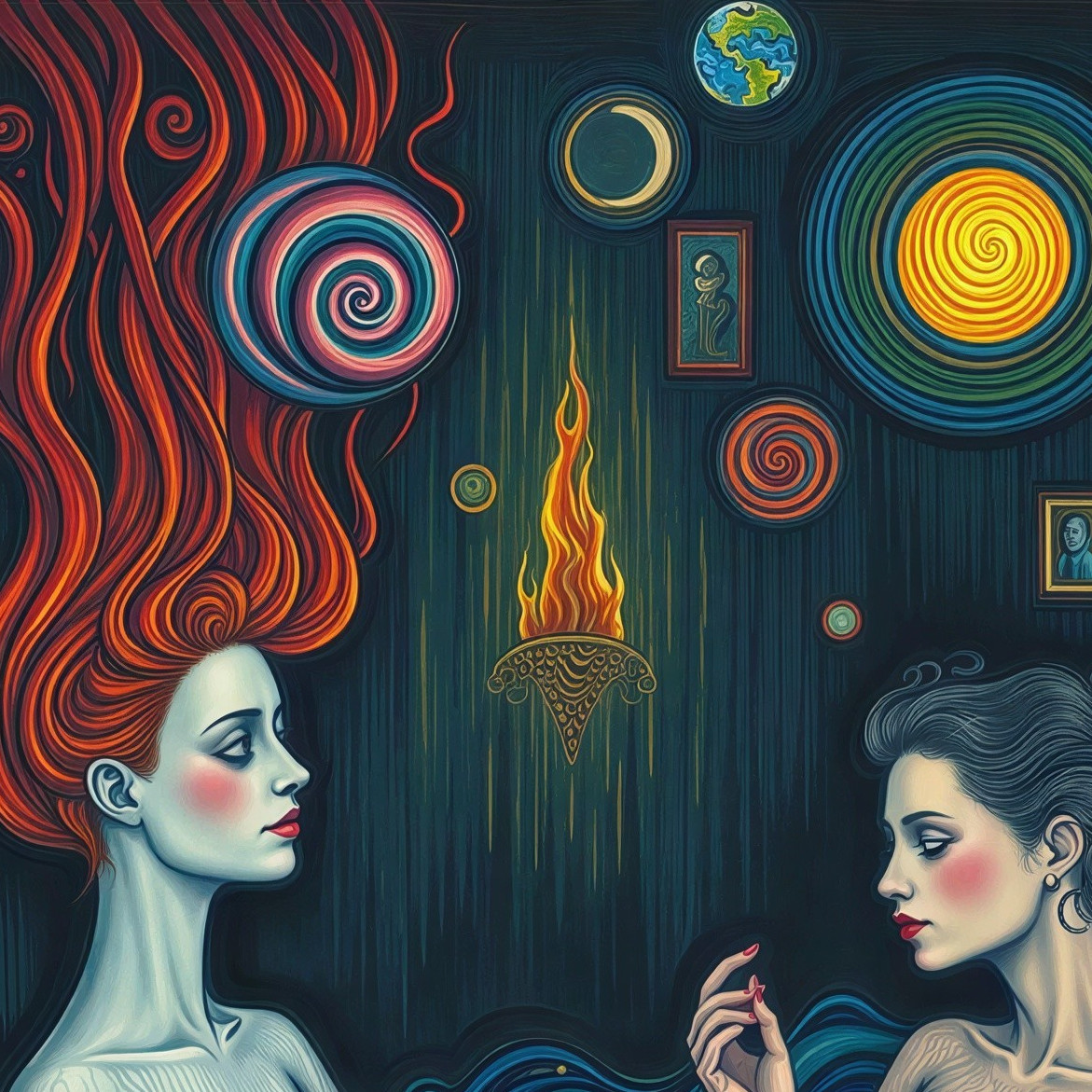 Art Nouveau Digital Painting of Two Women with Colorful Hair