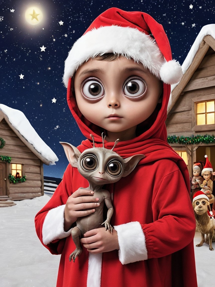 Child in Santa Outfit with Creature in Snowy Village