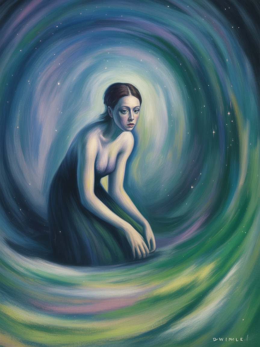 Surreal Painting of Woman in Dark Olive Gown