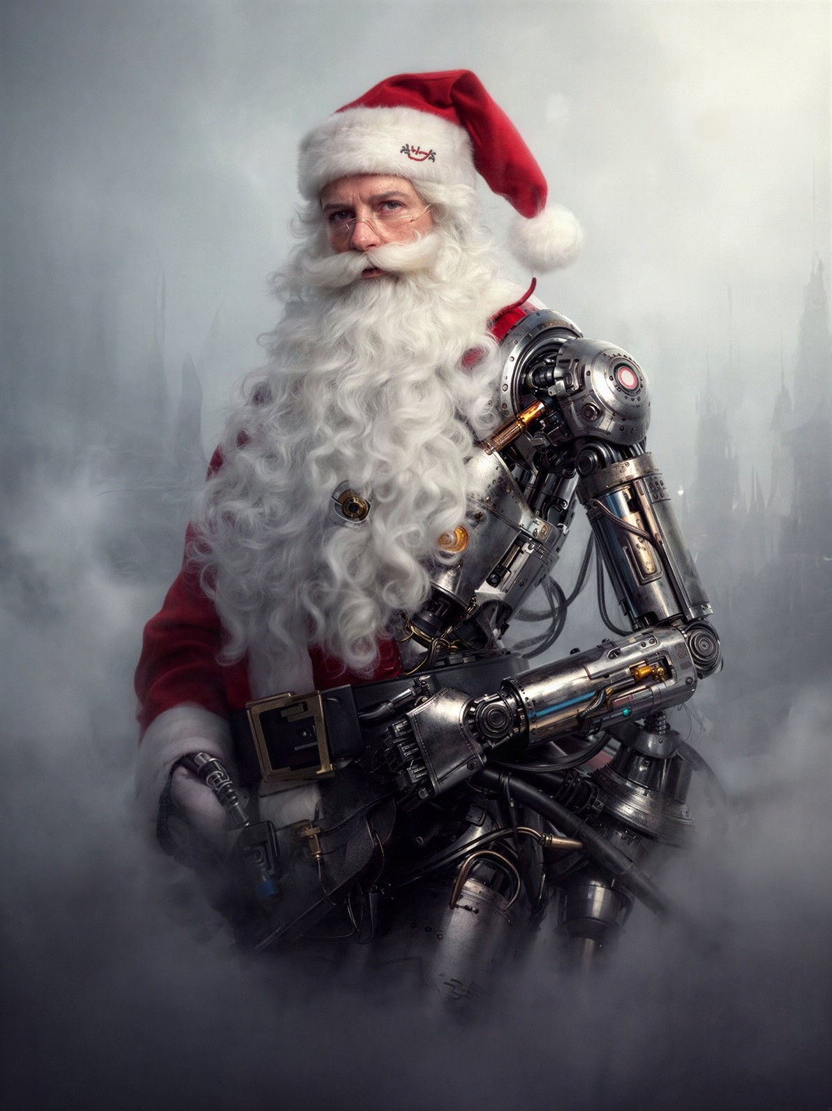 Cyborg Santa Claus Portrait in Dark Cityscape