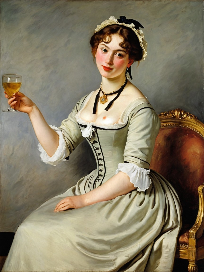 Young Woman in Cream Dress and Red Armchair Painting