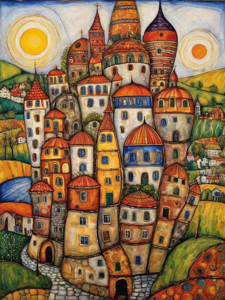 Vibrant Painting of Whimsical City with Unique Architecture
