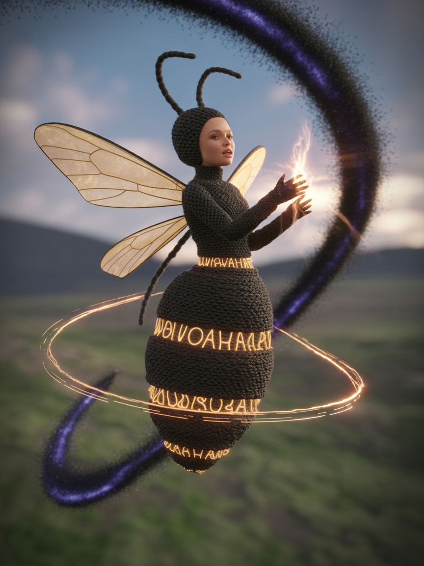 Woman in Knitted Bee Costume Holding Fiery Orb