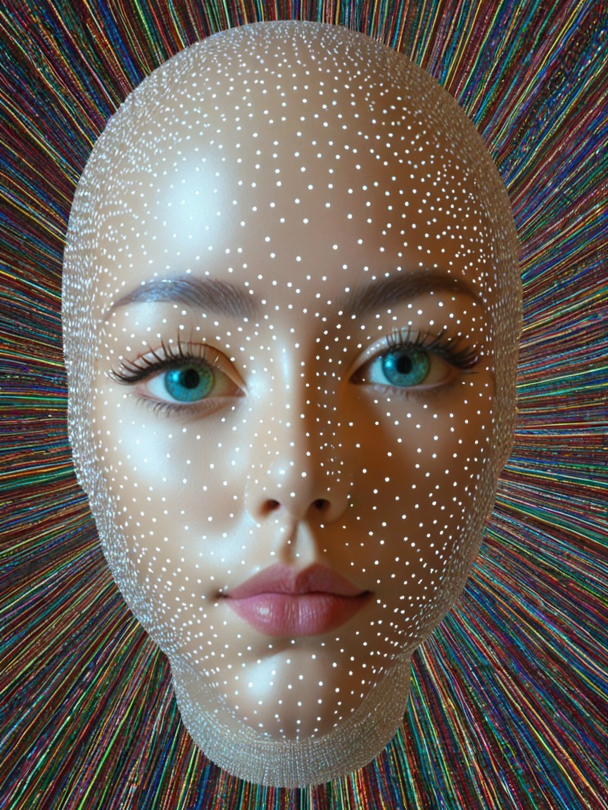 Close-Up of a Bald Woman's Face with Glowing Dots