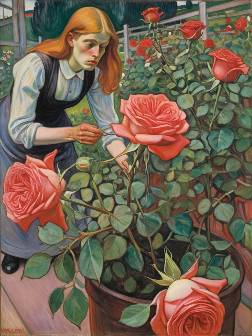 Early 20th-Century Oil Painting of Woman with Rose Bush