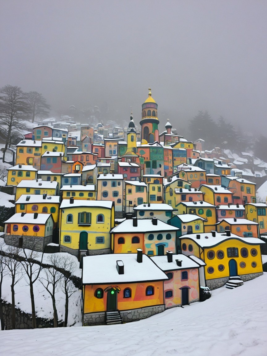 Colorful Houses in Snowy Hilltop Town Under Gray Sky