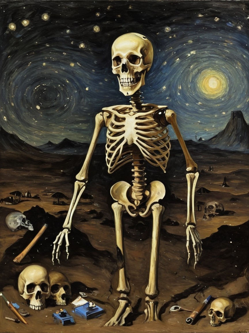 Fine art painting of a skeleton in a desert landscape