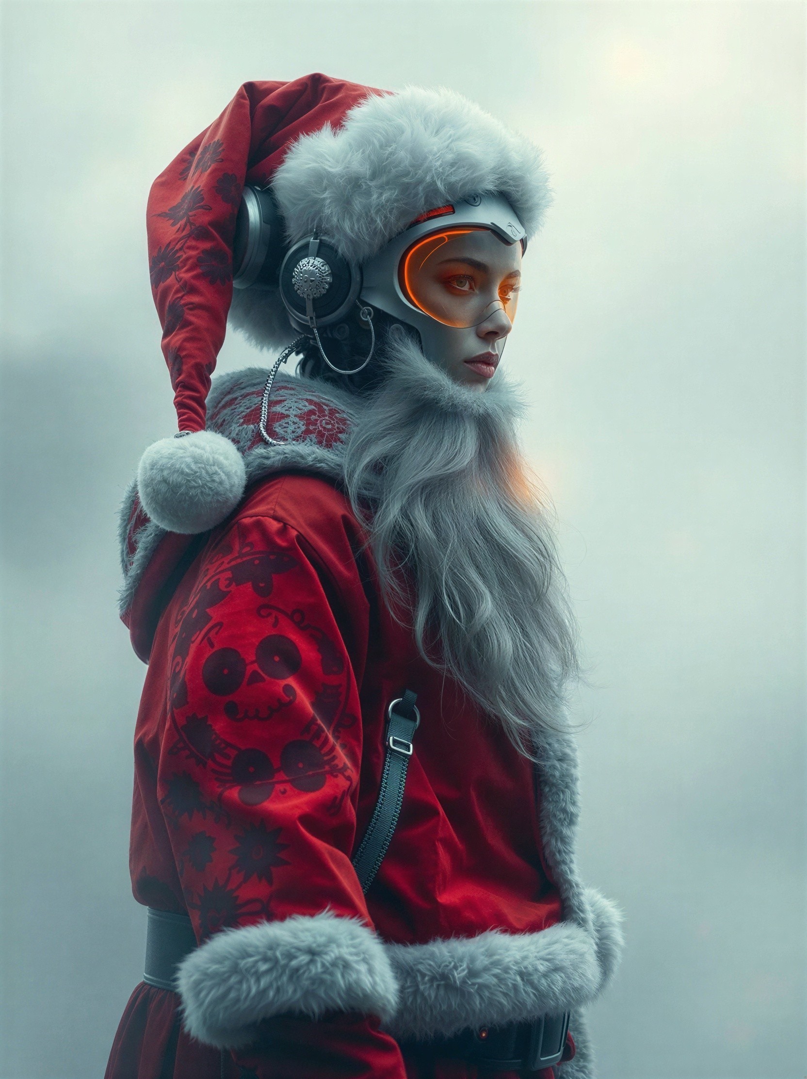 Female Cyborg Santa Claus in Futuristic Attire