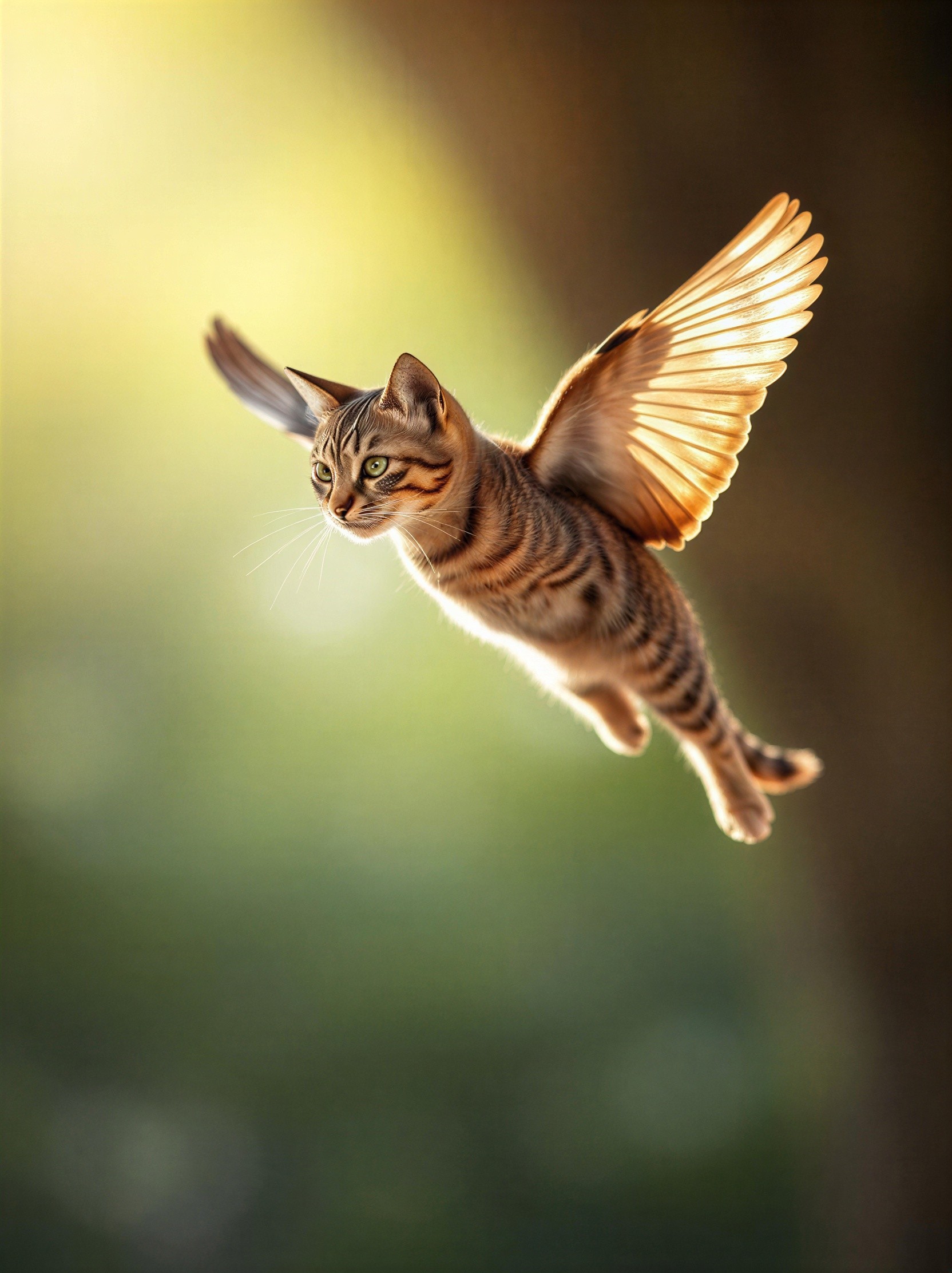 Photorealistic Tabby Kitten with Wings in Mid-Air