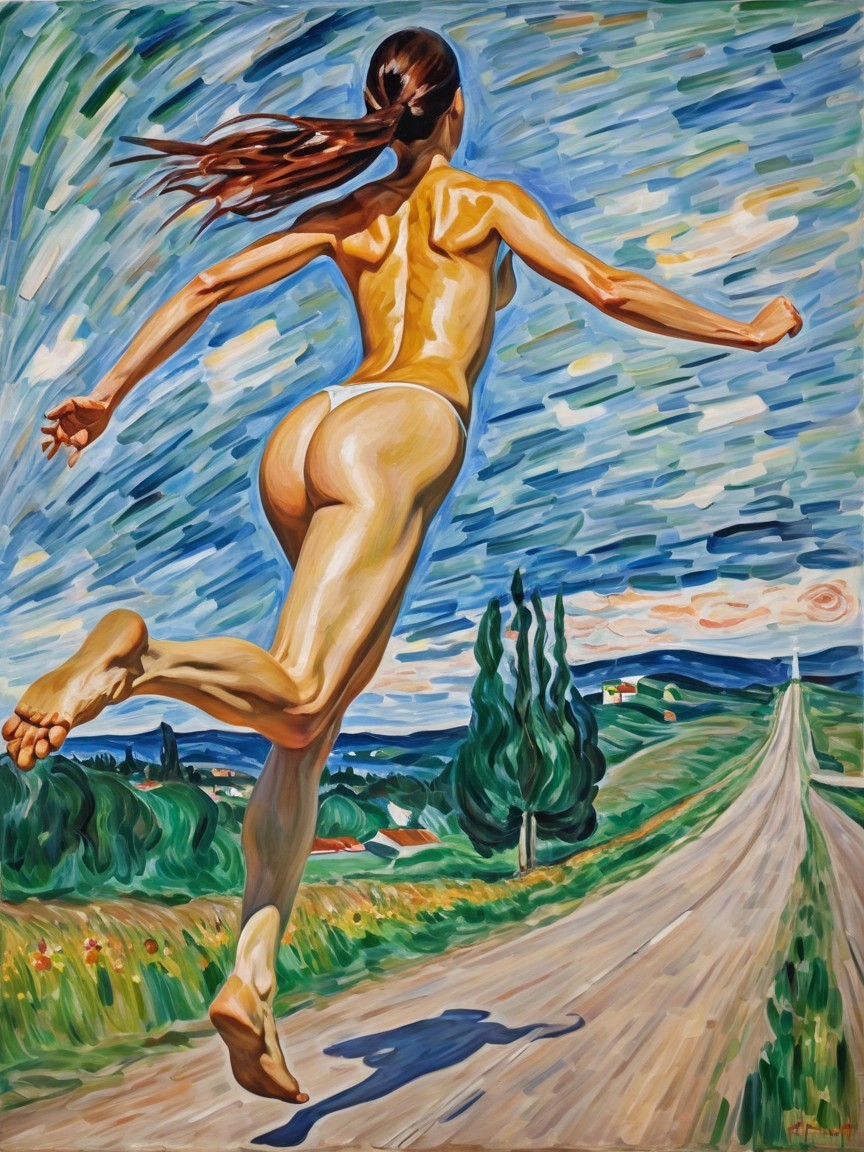 Oil Painting of a Woman Running on a Country Road