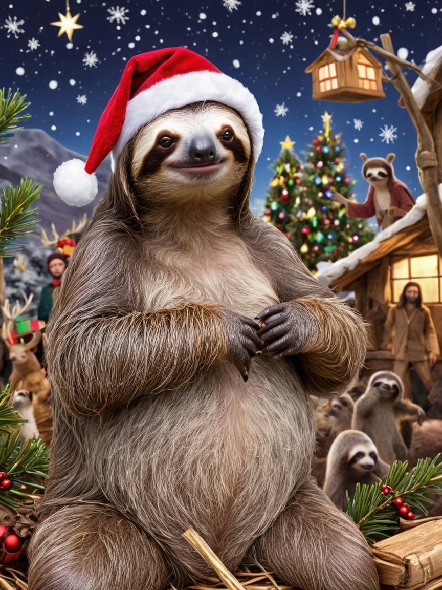 Holiday Scene with Sloth in Santa Hat and Cabin