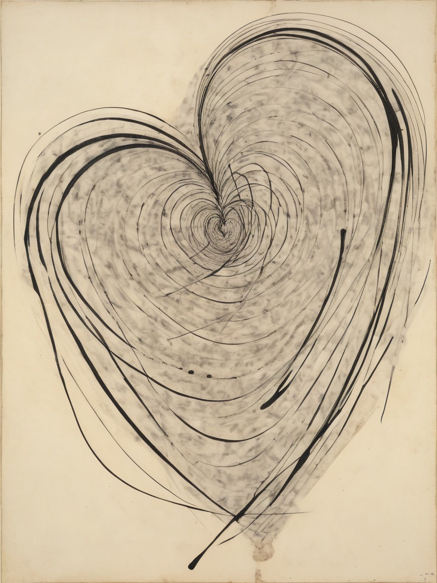 Monochrome Heart Drawing with Swirling Ink Lines