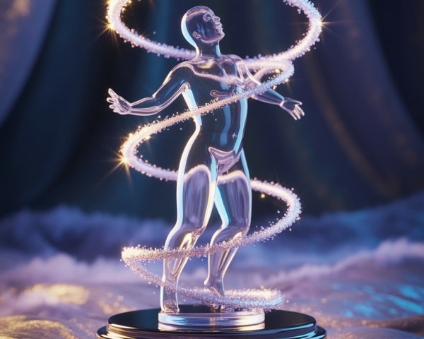 Glass Figurine of a Man on Black Pedestal with Lights