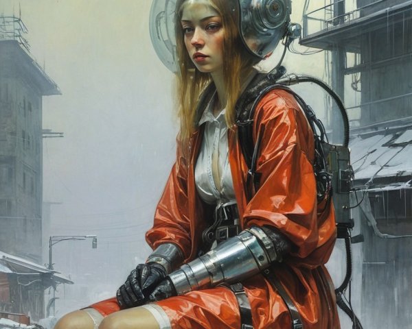Young Female Cyborg in Astronaut Helmet on Metal Bench