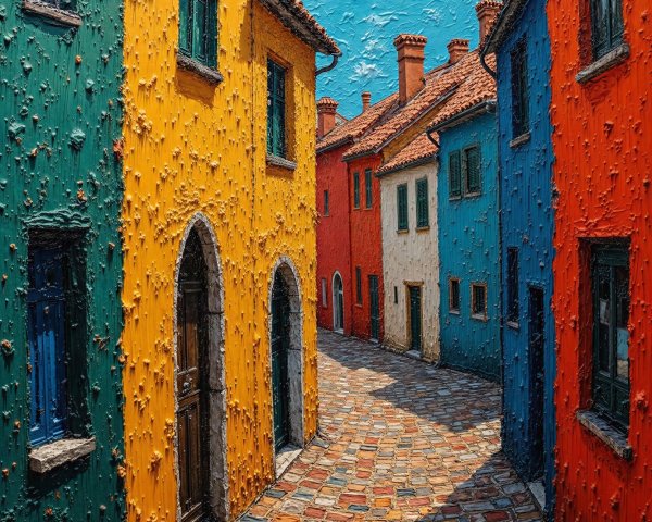 Impasto Oil Painting of Colorful Houses on a Street