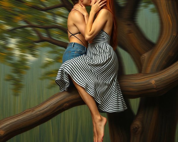 Couple Kissing on a Tree Branch Surrounded by Nature