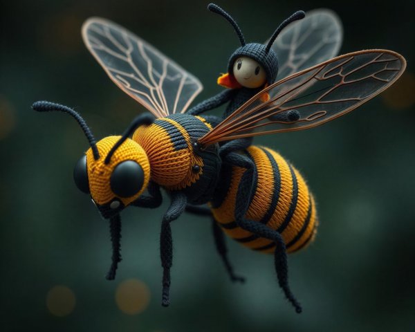 Close-up of Intricate Crochet Bee with Tiny Creature