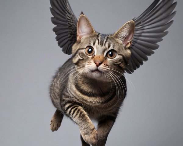 Flying Tabby Cat with Bird-like Wings in Mid-Air