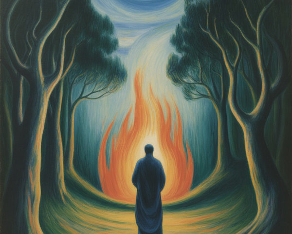 Person in Dark Blue Robe Facing Flames in Forest