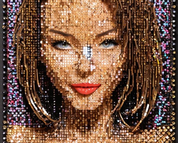 Mosaic Portrait of Woman with Red Lips and Blue Eyes