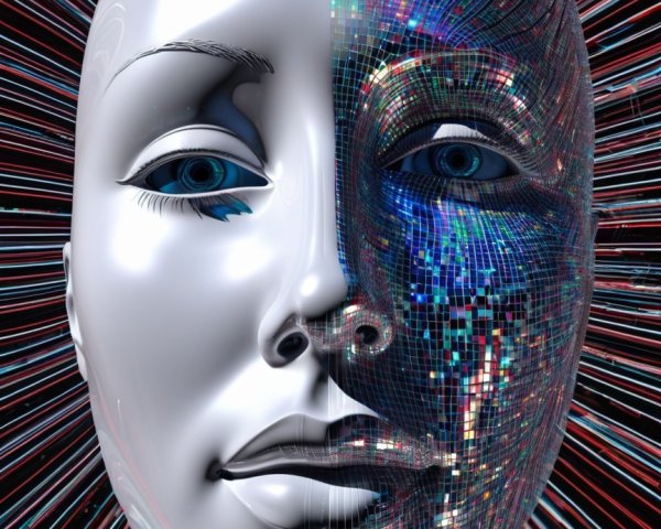 Close-up of a gender-neutral split android head