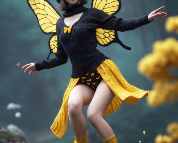 Butterfly girl in knitted attire with floral backdrop