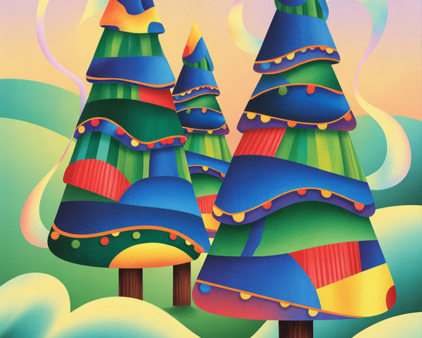 Stylized Christmas Trees Against Gradient Sky Background