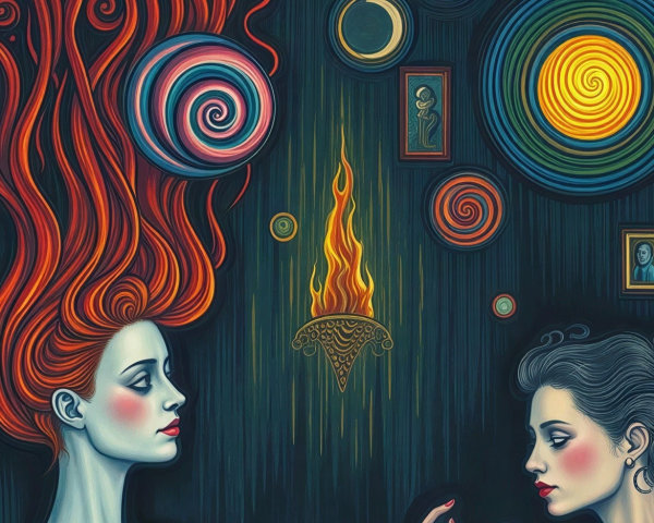 Art Nouveau Digital Painting of Two Women with Colorful Hair