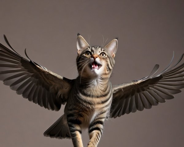 Tabby Cat with Bird Wings in Mid-Air Flight