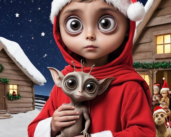 Child in Santa Outfit with Creature in Snowy Village