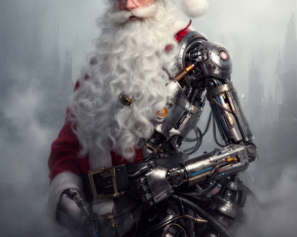 Cyborg Santa Claus Portrait in Dark Cityscape