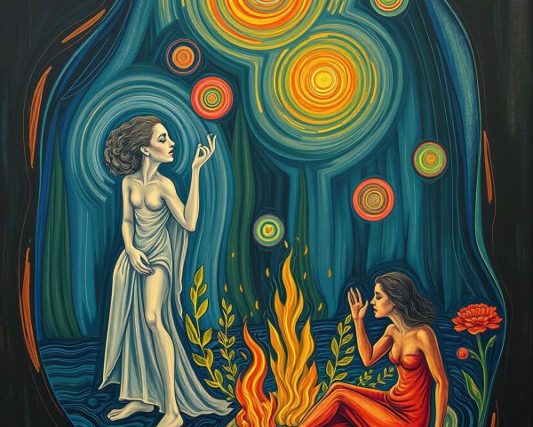 Oil Painting Featuring Women by Fire Under Night Sky