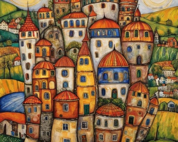 Vibrant Painting of Whimsical City with Unique Architecture