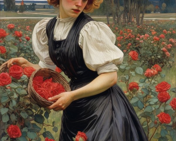 Oil Painting of Young Woman in Rose Garden