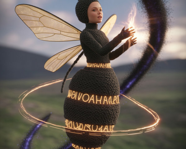 Woman in Knitted Bee Costume Holding Fiery Orb