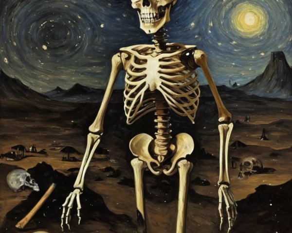 Fine art painting of a skeleton in a desert landscape