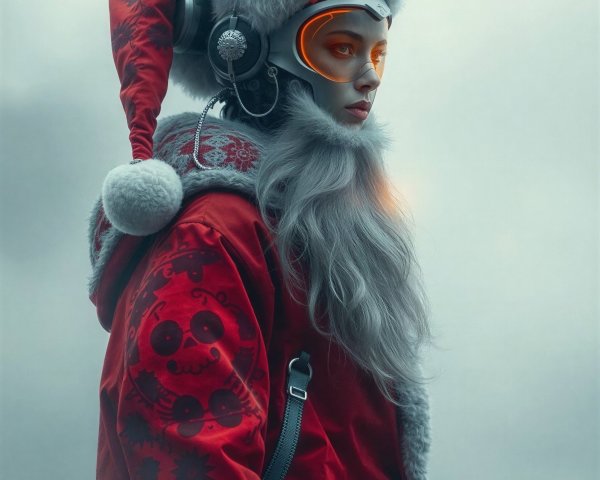 Female Cyborg Santa Claus in Futuristic Attire