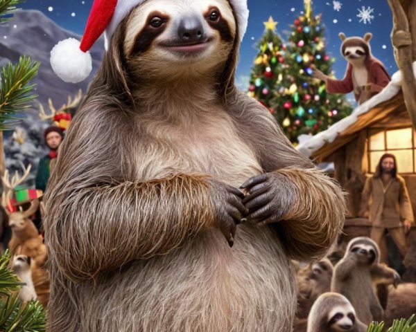 Holiday Scene with Sloth in Santa Hat and Cabin