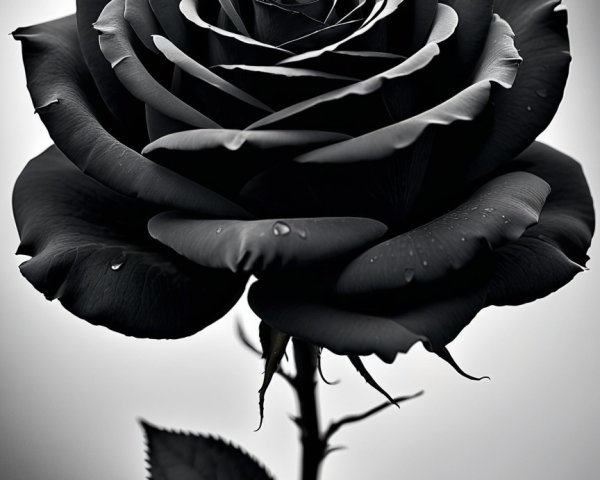 Close-up of a black rose with water droplets in monochrome