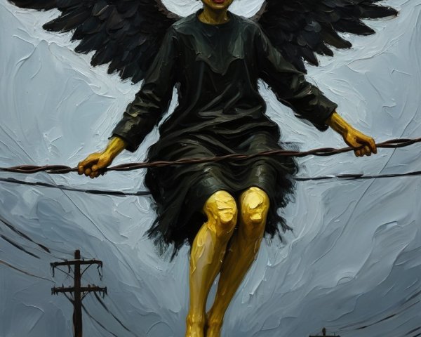 Stylized painting of a winged figure on a fence